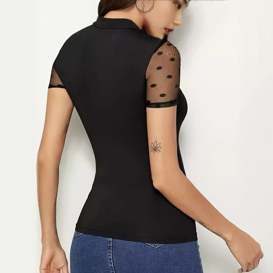 Damen Bodysuit mit transparenten Punkten und hochgeschlossenem Kragen R&B