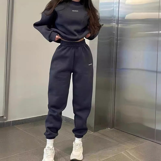Damen lässiges Fleece-Jogginganzug-Set mit elastischem Bund und lässigem Schnitt R&B