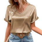 Damen Satin V-Ausschnitt T-Shirt mit Brusttasche und Lässigem Schnitt R&B