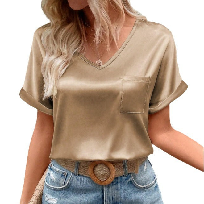 Damen Satin V-Ausschnitt T-Shirt mit Brusttasche und Lässigem Schnitt R&B