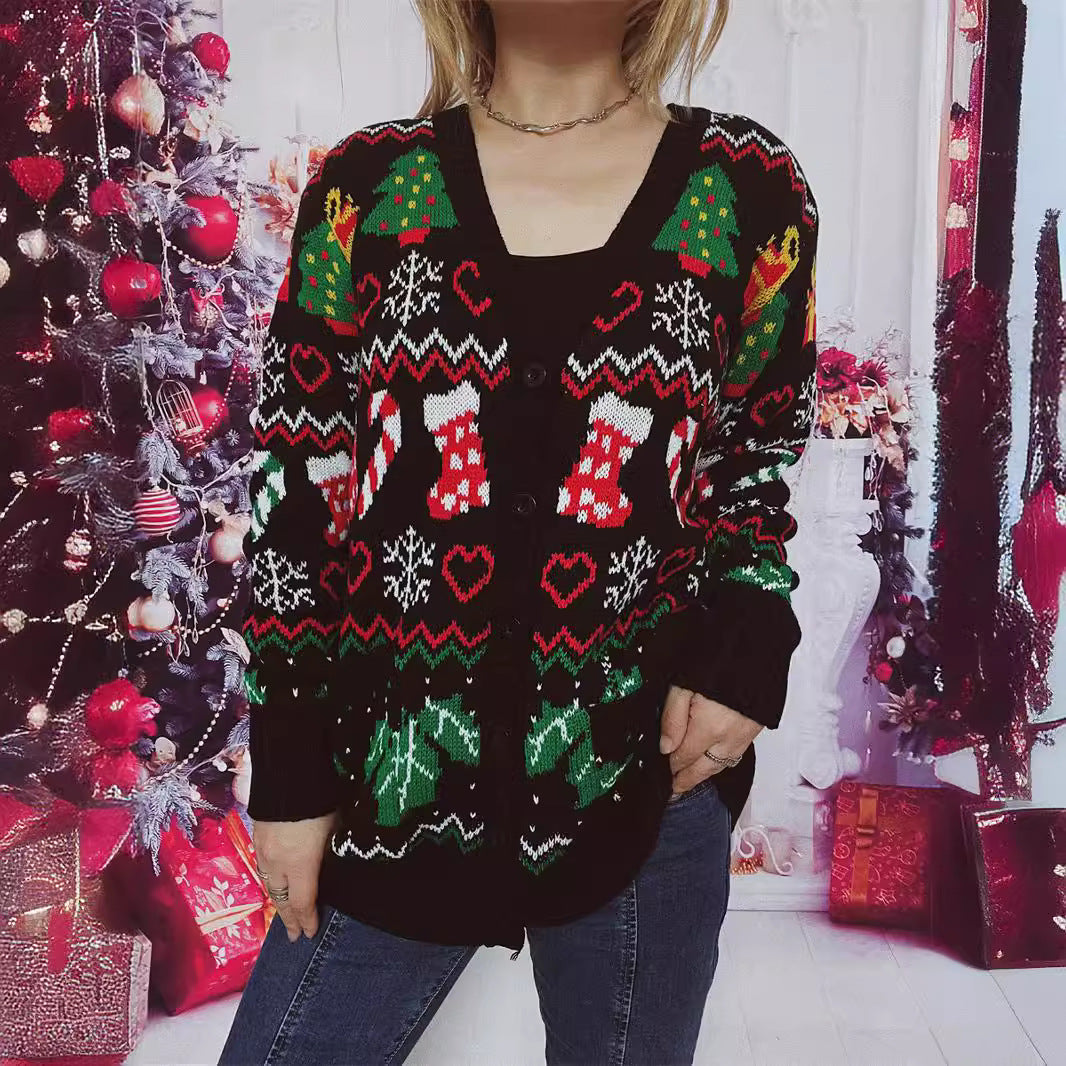 Damen Weihnachts-Strickjacke mit festlichem Motiv und praktischem Knopfverschluss R&B