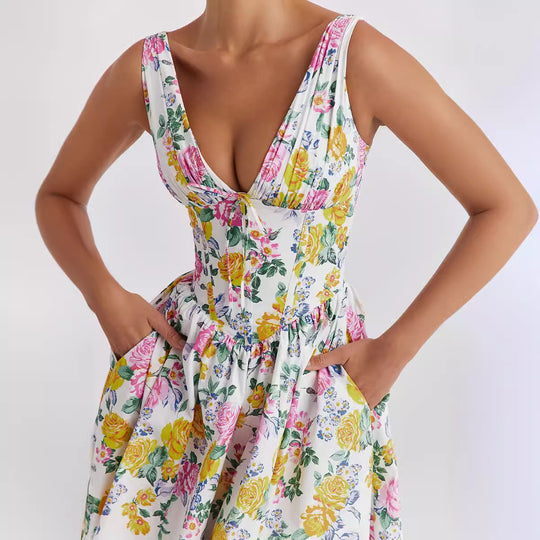 Damen Midikleid mit floralen Akzenten und tailliertem Oberteil R&B