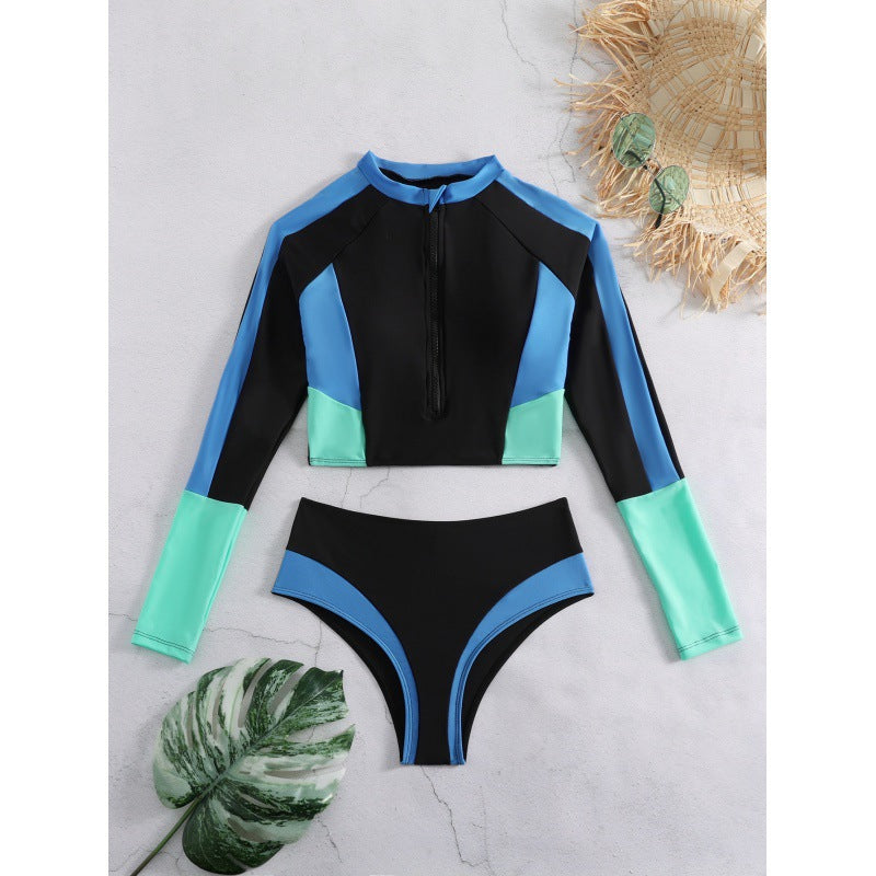 Damen Sportliches Langarm-Bikini-Set mit Zip und modischen Kontrastdetails R&B