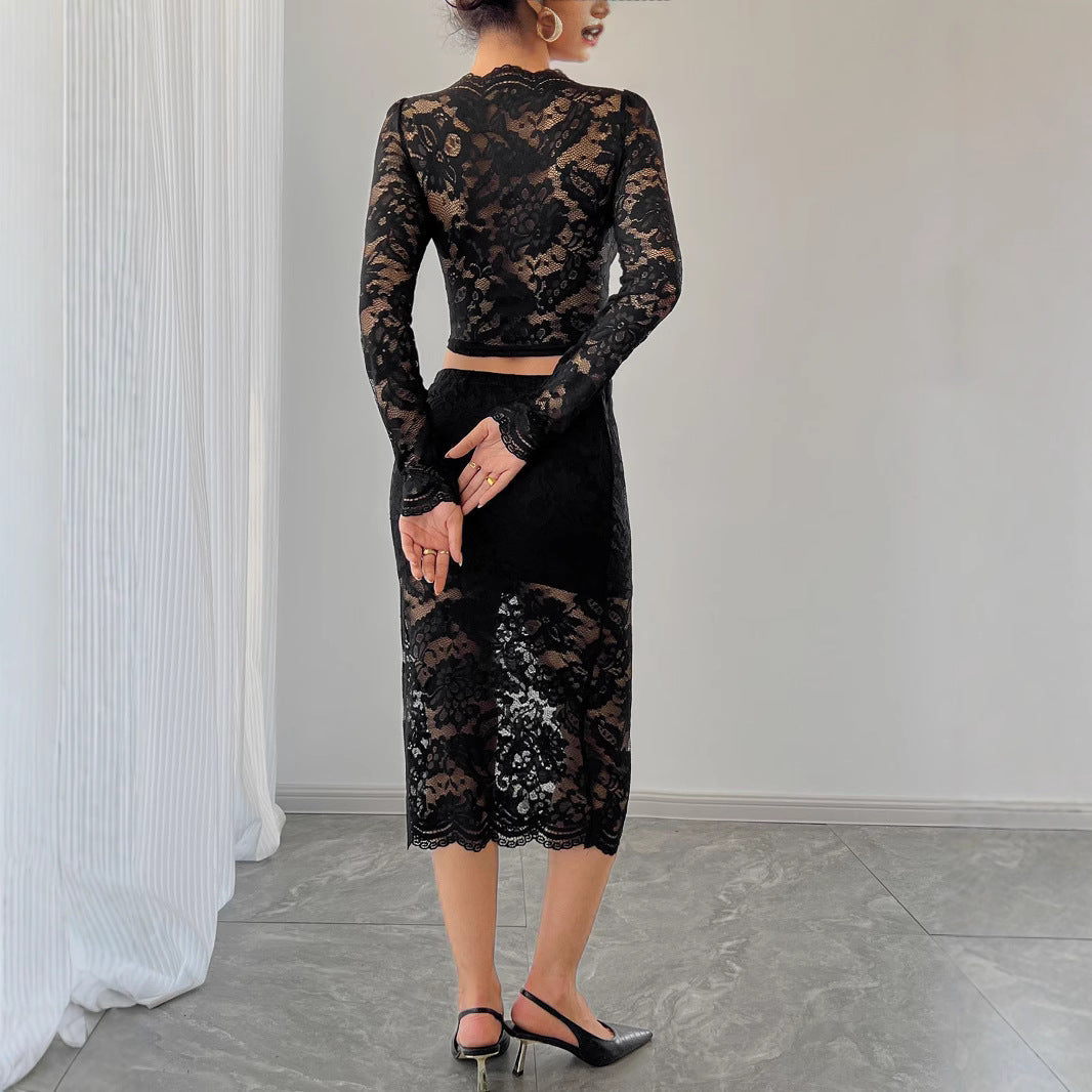 Damen nan zweiteiliges Spitzenensemble mit bauchfreiem Langarmoberteil und tailliertem Midirock R&B