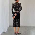 Damen Spitzenensemble mit langärmligem Crop-Top und figurbetontem Rock R&B