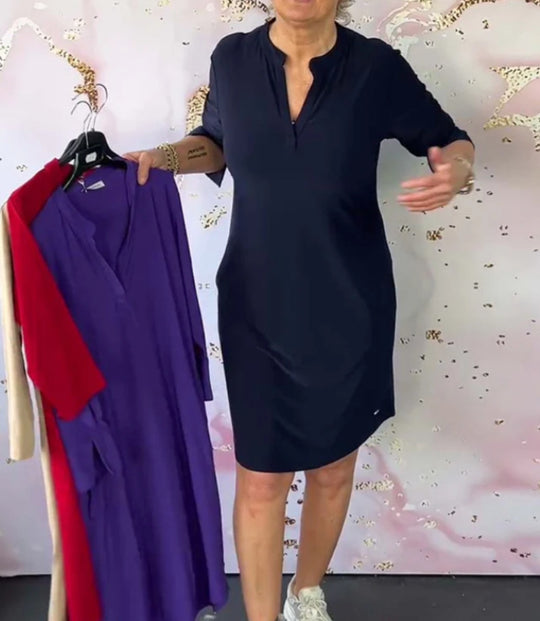 Damen nan legeres knielanges Shiftkleid aus elastischem Jersey mit Stehkragen und V-Ausschnitt R&B