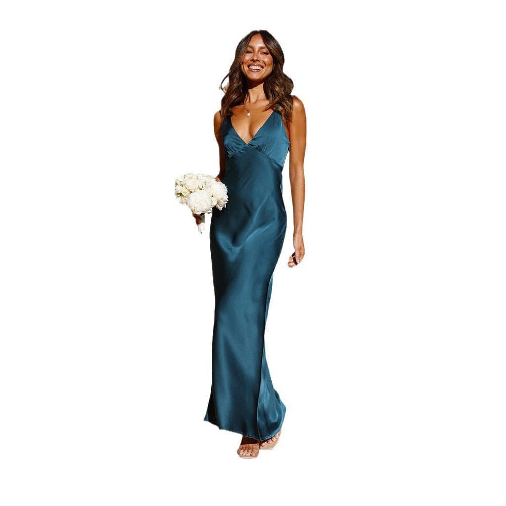 Damen Satin Maxikleid mit eleganter V-Form und fließendem Schnitt R&B