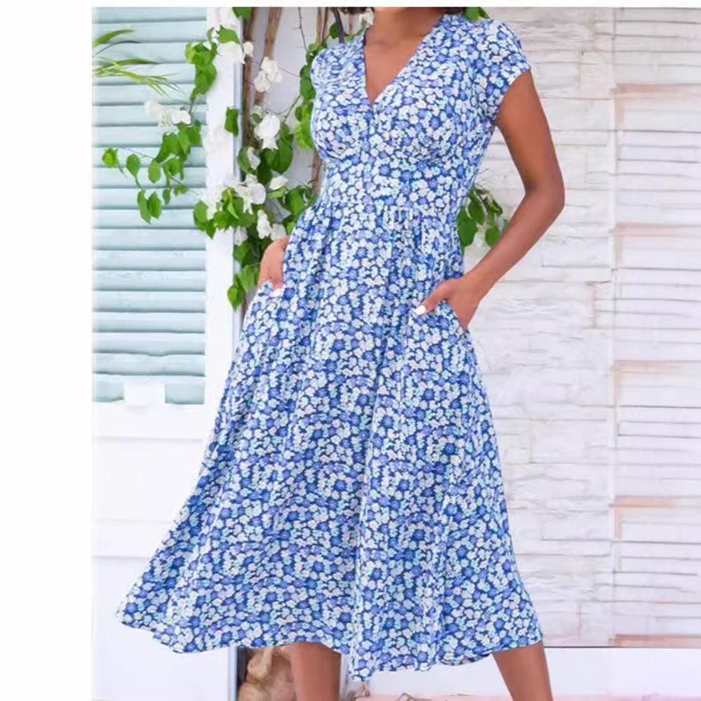 Damen Maxi-Kleid mit floralen Mustern und Taschen R&B