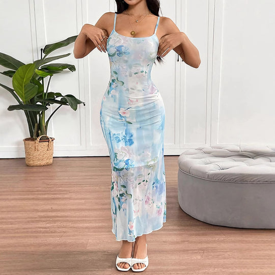 Damen fließendes Maxikleid mit Spaghettiträgern und floralem Druck R&B