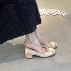 Damen elegante Ballerina-Schuhe mit glänzender Oberfläche und komfortablem Blockabsatz R&B