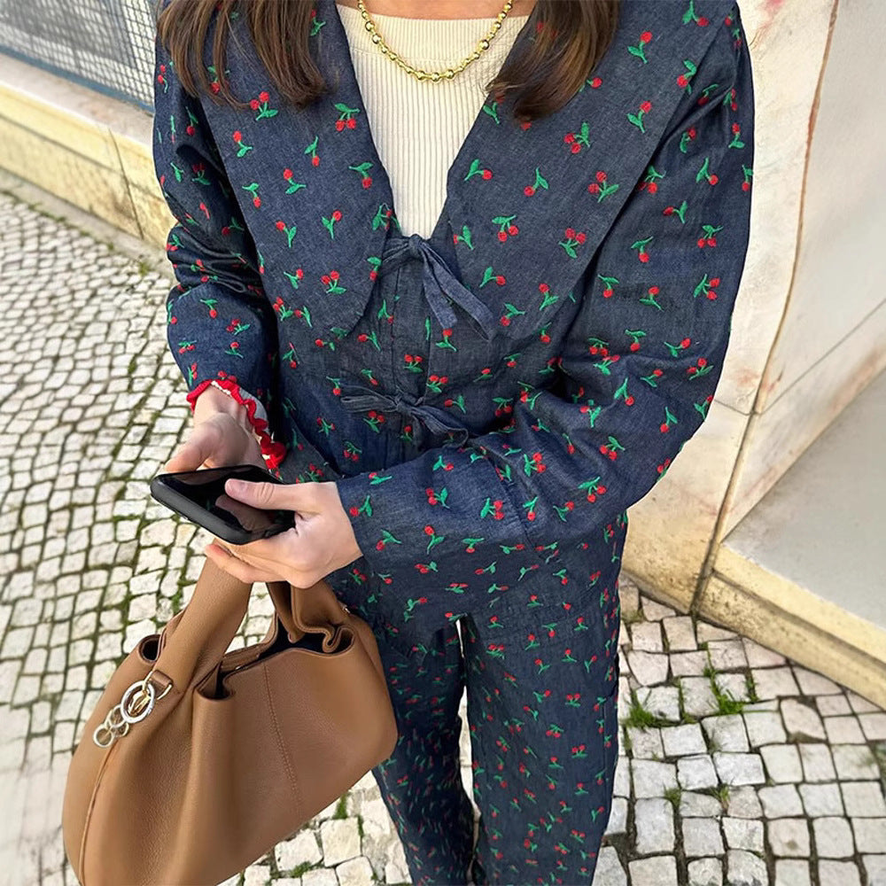 Damen lässige Blumenprint-Longpants mit elastischem Bund und seitlichen Taschen R&B