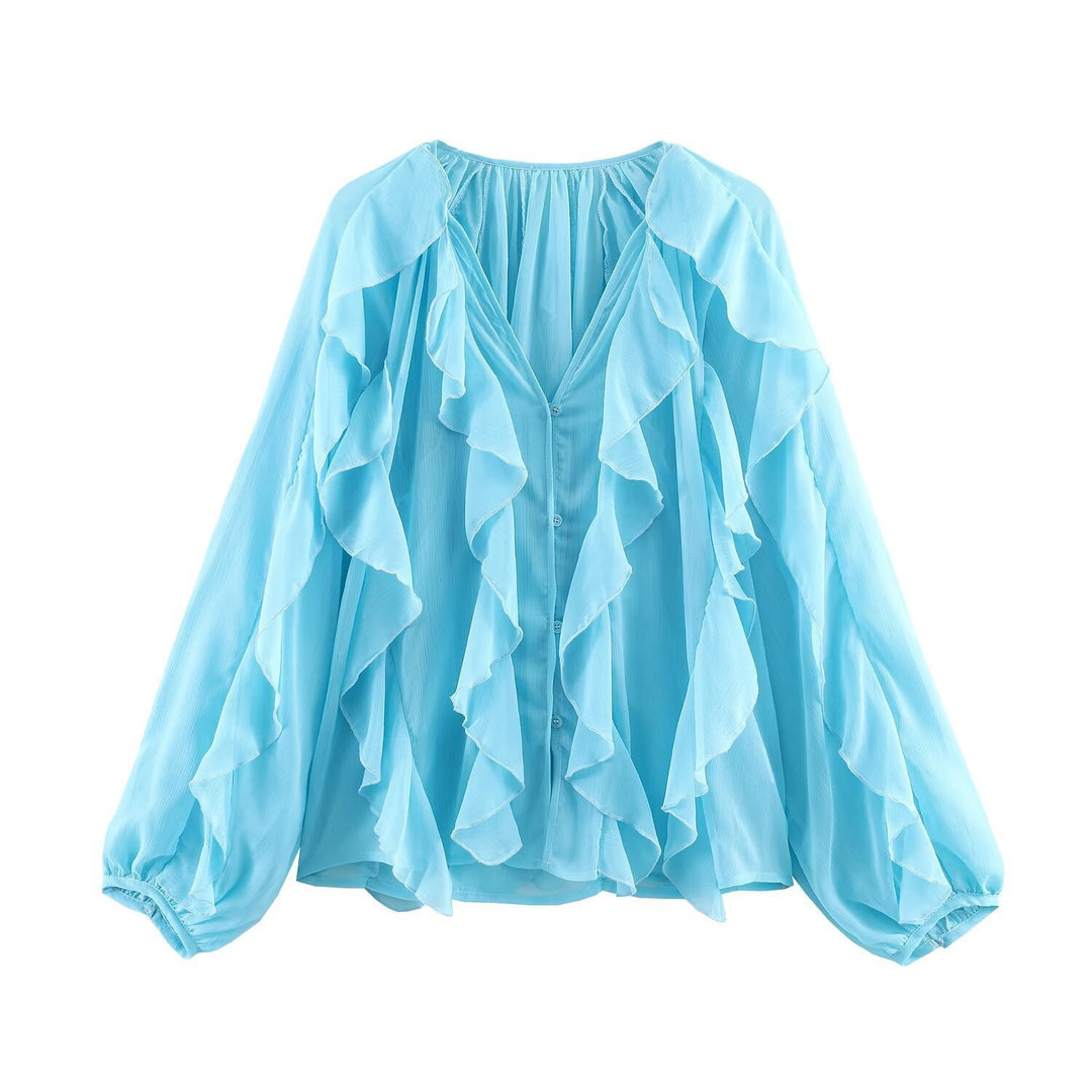 Damen Rüschenbluse mit weitem Schnitt und ballonartigen Ärmeln R&B
