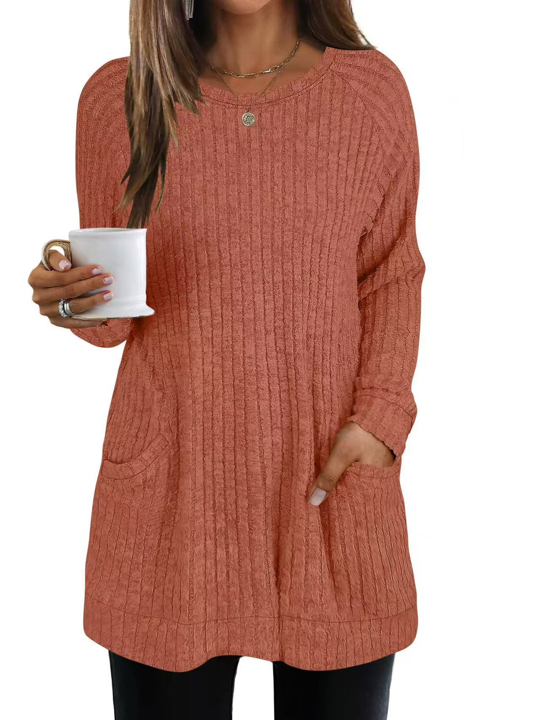 Damen lässiger Strickpullover mit seitlichen Eingrifftaschen und Rippenstruktur R&B