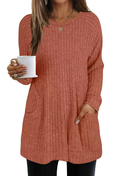 Damen lässiger Strickpullover mit seitlichen Eingrifftaschen und Rippenstruktur R&B