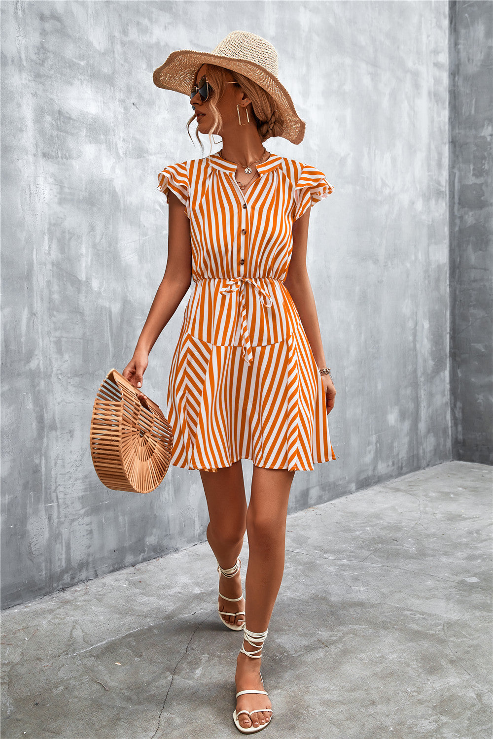 Damen Kurzarm-Kleid im angesagten Streifenlook mit Taillenzug und eleganten Rüschendetails R&B