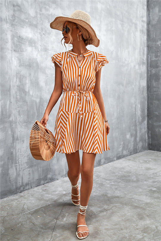 Damen Kurzarm-Kleid im angesagten Streifenlook mit Taillenzug und eleganten Rüschendetails R&B