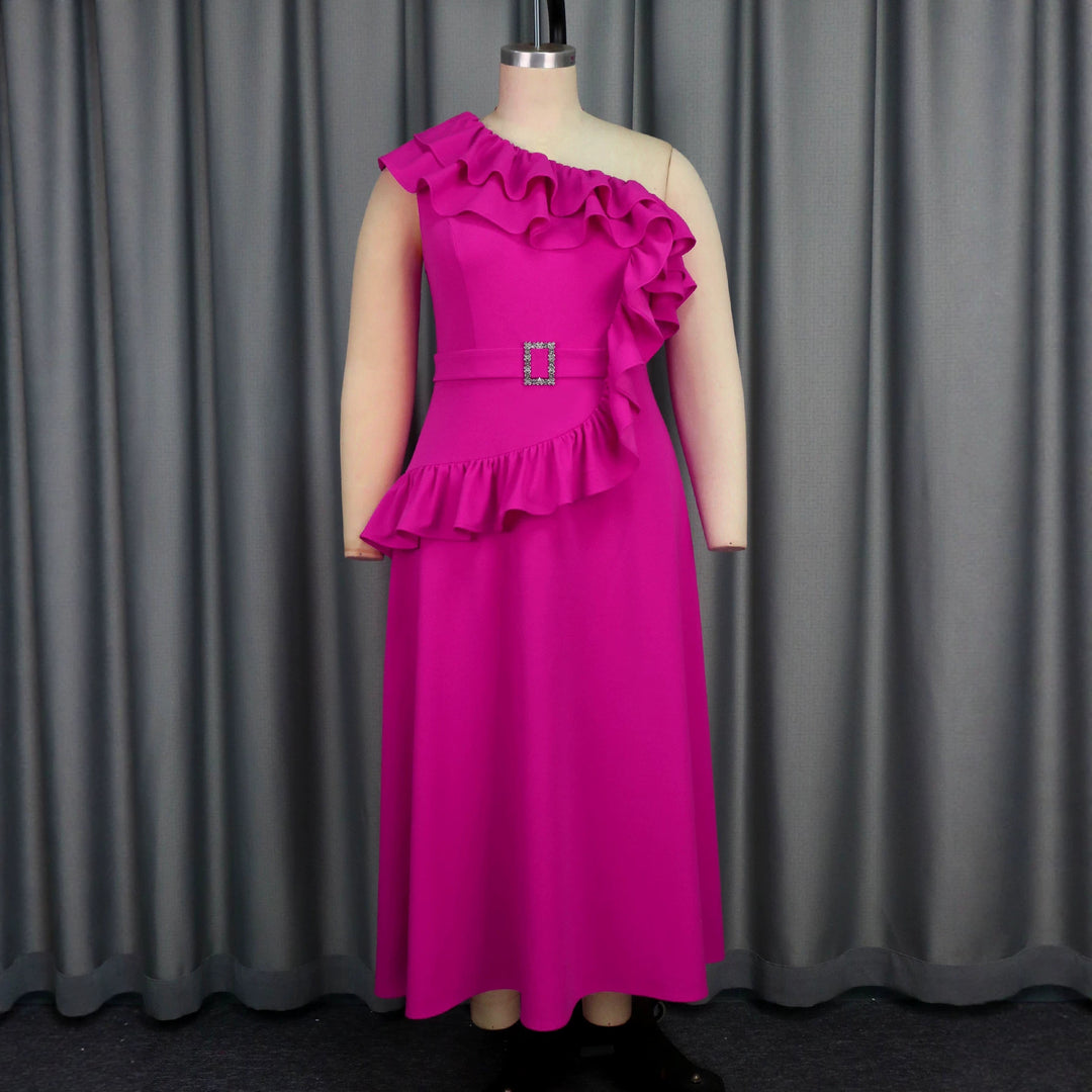 Damen Elegantes Maxikleid mit asymmetrischem Off-Shoulder Design und voluminösen Rüschen R&B