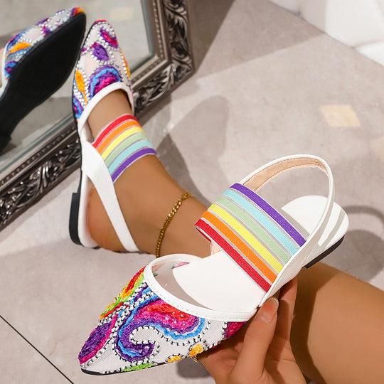 Damen Offene Wedgesandalen mit bunten Stickereien R&B