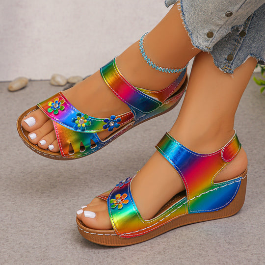 Damen komfortable Wedge-Sandalen mit floralen Applikationen R&B