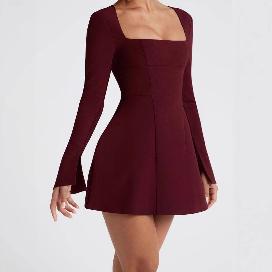 Damen Elegantes Minikleid mit Quadrat-Ausschnitt und ausgestellten Ärmeln R&B