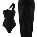 Damen einseitiger Badeanzug mit elegantem Drapierungsdesign und passendem Pareo R&B