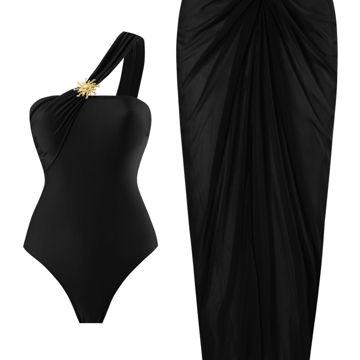 Damen einseitiger Badeanzug mit elegantem Drapierungsdesign und passendem Pareo R&B