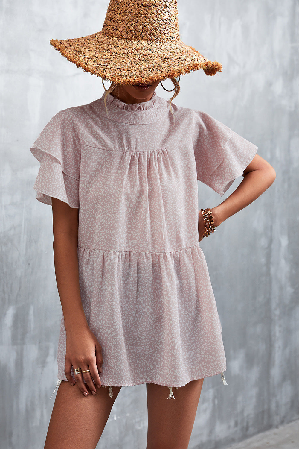Damen luftiges Freizeitkleid mit voluminösen Rüschen und hohem Stehkragen R&B