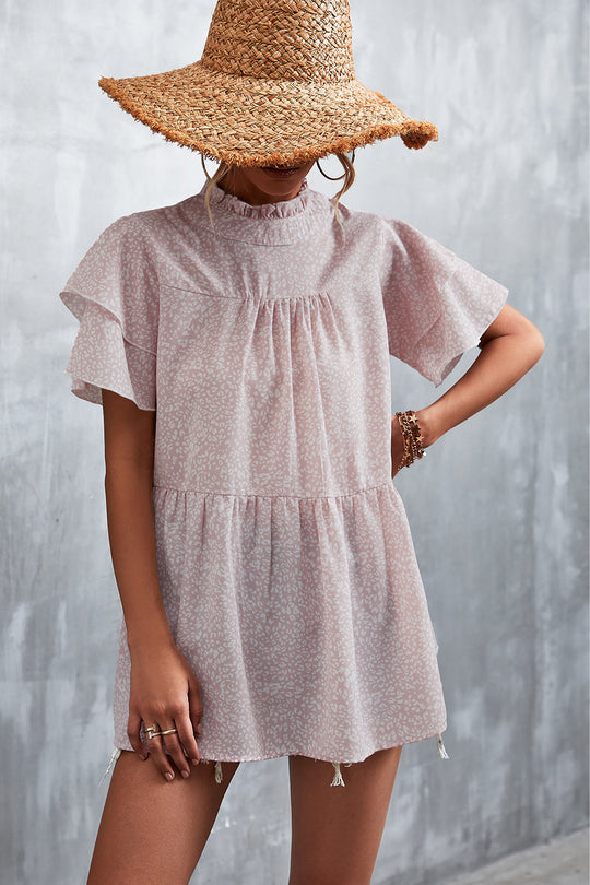 Damen luftiges Freizeitkleid mit voluminösen Rüschen und hohem Stehkragen R&B
