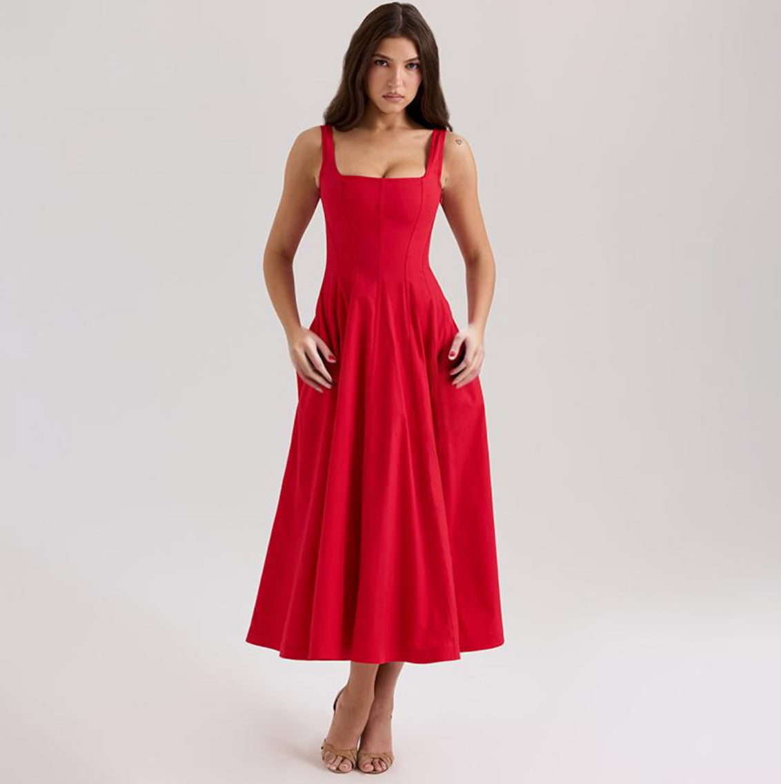 Damen A-Linien Kleid mit quadratischem Ausschnitt und schmalen Trägern R&B