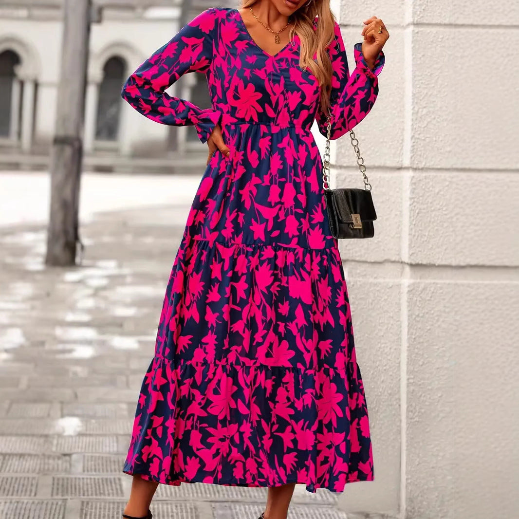 Damen Maxikleid mit V-Ausschnitt und voluminösen Ärmeln R&B