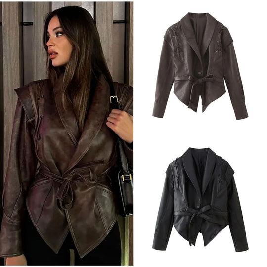 Damen modische Kunstlederjacke mit stilvollem Gürteldetail und elegantem Design R&B