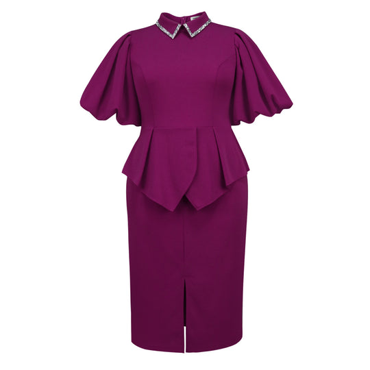 Damen Figurbetontes Peplum Kleid mit Puffärmeln und Glitzerkragen R&B
