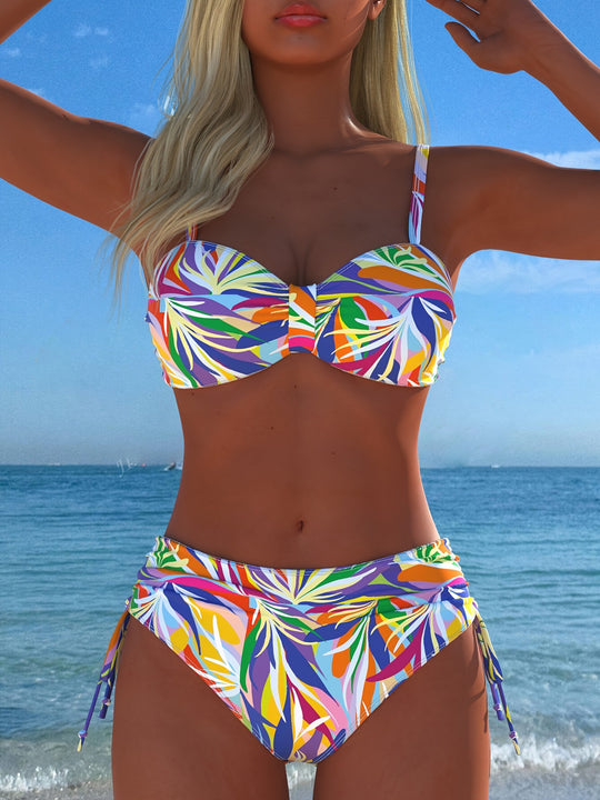 Damen Bandeau-Bikini mit einzigartigem Federmuster und hohem Taillenschnitt R&B