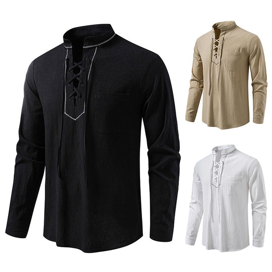 Herren Langarmshirt mit hochwertigem Stehkragen und dekorativer Schnürung R&B