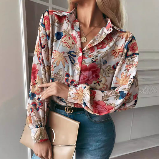 Damen elegante Bluse mit floralem Muster und modernen Puffärmeln R&B