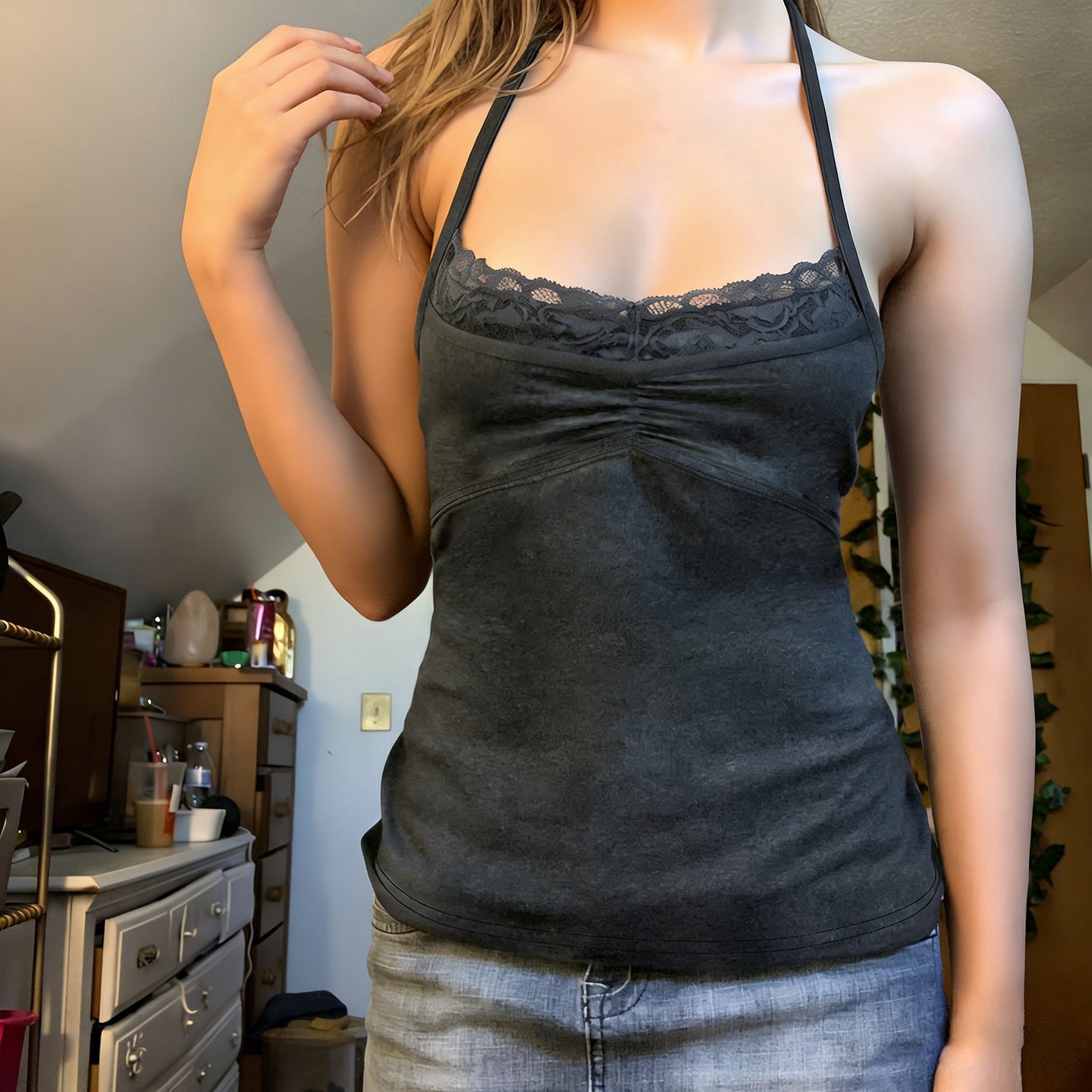 Damen Sexy Spaghetti-Trägertop mit Spitzeneinsätzen R&B