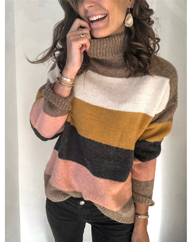 Damen modischer Strickpullover mit lässigem Rollkragen und farbiger Blockgestaltung R&B