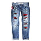 Damen Ripped Jeans mit karierten Akzenten und modischen Destroyed-Details R&B
