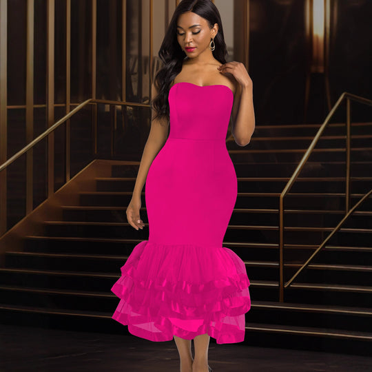 Damen Figurbetontes Abendkleid mit voluminösem Rüschen-Saum R&B