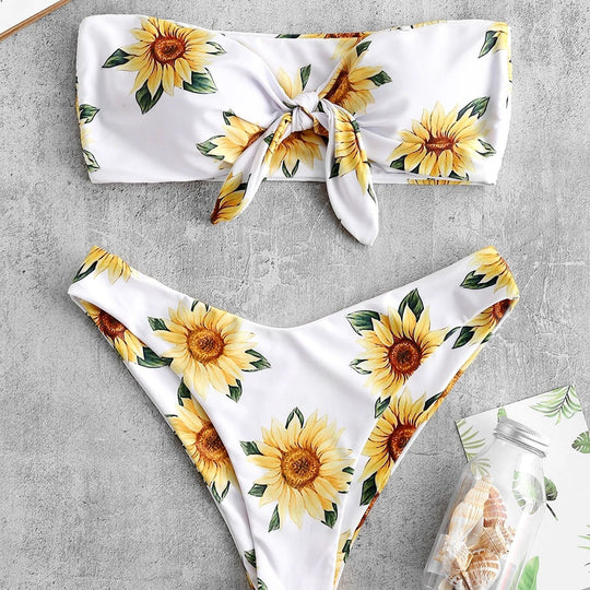 Damen Bandeau-Bikini mit floralem Design und praktischen Knoten R&B