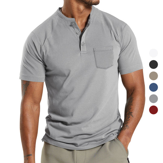Herren nan atmungsaktives Baumwoll-Elasthan Kurzarm-Henley mit Brusttasche R&B