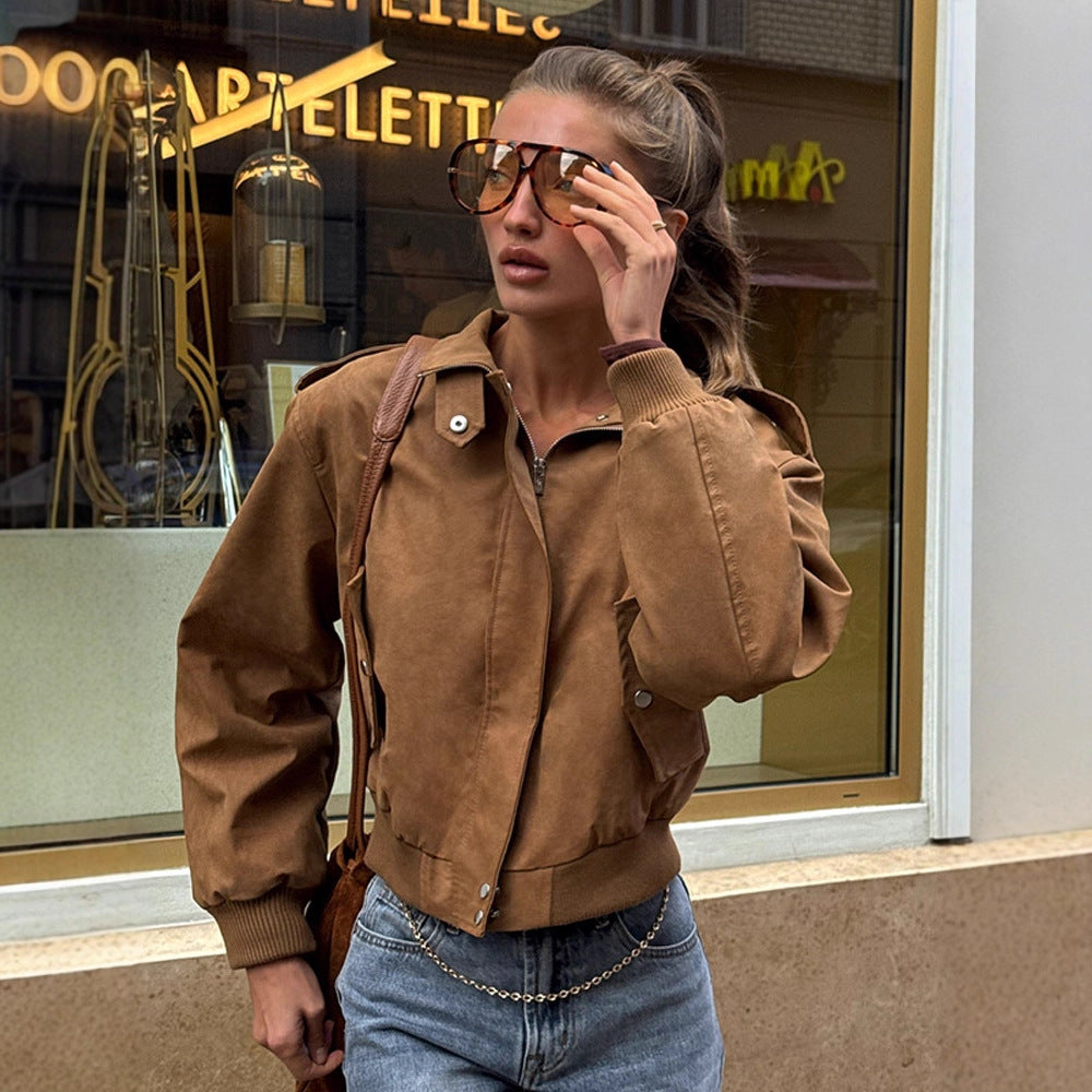 Damen lässige Kurzjacke mit voluminösen Ärmeln und Reißverschluss R&B