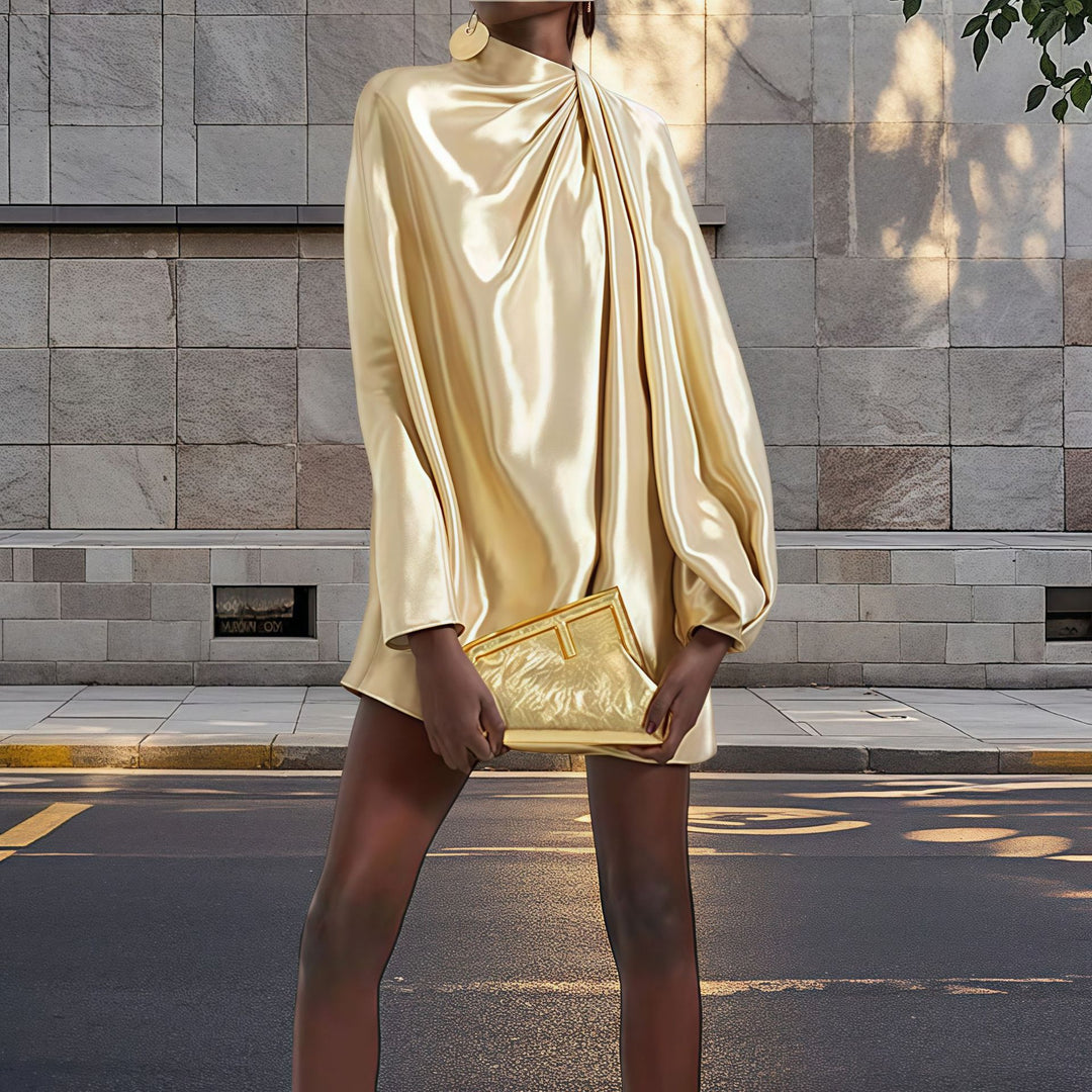 Damen Elegantes satiniertes Minikleid mit asymmetrischem Schnitt und Raffungen R&B