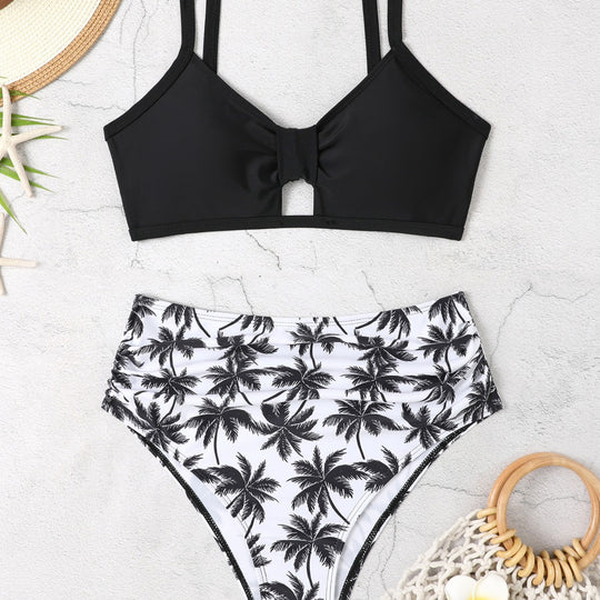 Damen Bikini-Set mit floralem Hochbund und modischem Knoten R&B