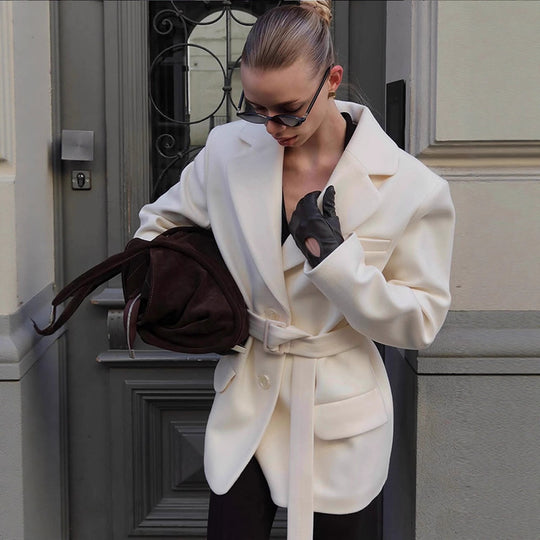 Damen modischer Blazer mit Taillengürtel und praktischen Taschen R&B