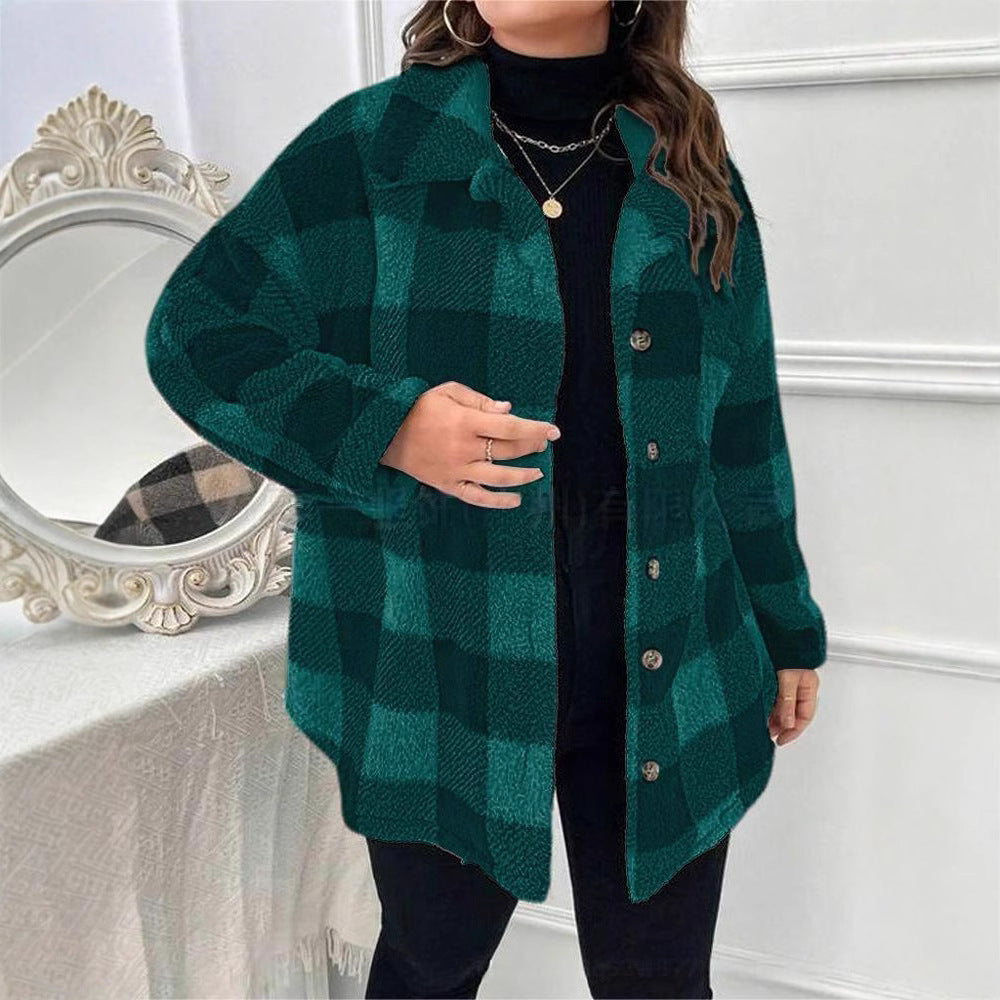 Damen kuschelige Karojacke mit Knopfverschluss und oversized Schnitt