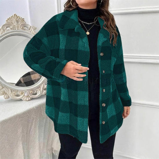 Damen kuschelige Karojacke mit Knopfverschluss und oversized Schnitt R&B