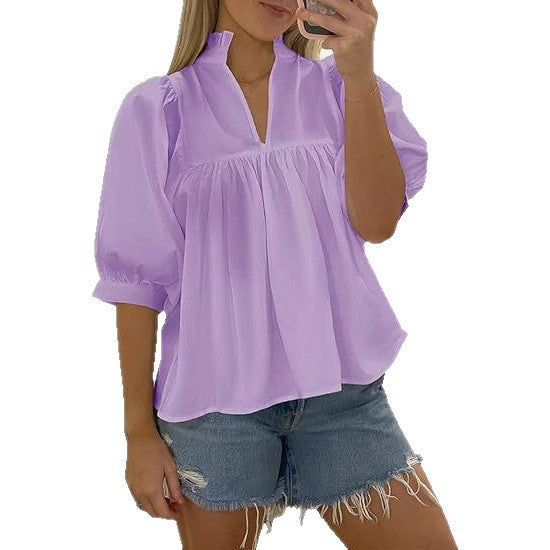 Damen elegante kurzärmlige Bluse mit Rüschendetails und lässigem Schnitt R&B