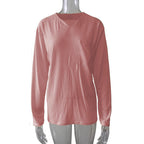 Damen nan legeres Langarmshirt mit V-Notch-Ausschnitt, Brusttasche und lockerer Oversize-Passform R&B