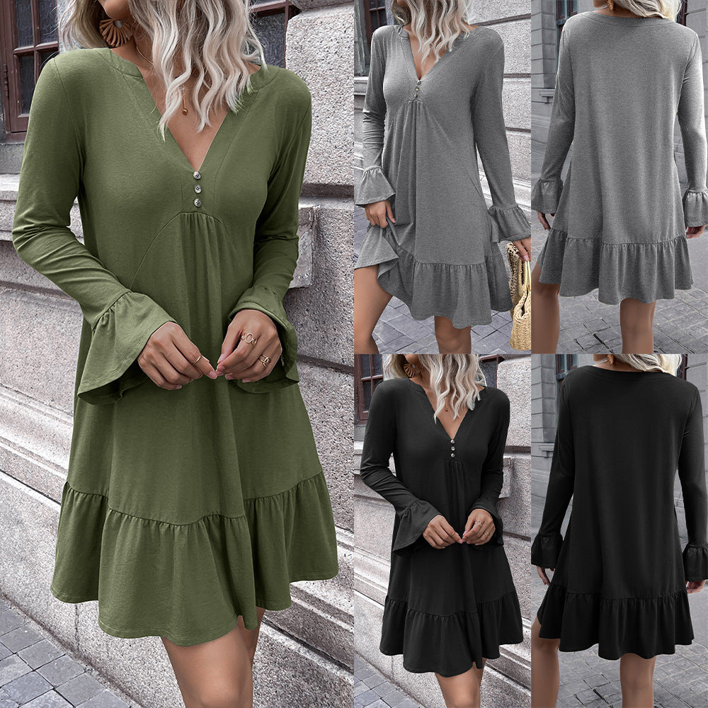 Damen lockeres Kleid mit schmeichelndem V-Ausschnitt und Glockenärmeln R&B